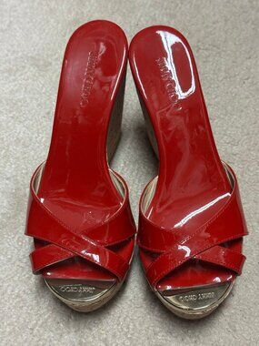 Jimmy Choo Perfume Wedge Red Patent Leather Sandals - Size 37